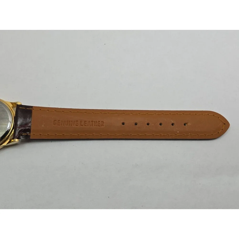 Womens Vintage Avon Moon Phase Date Womens Gold Tone Leather Watch New Battery